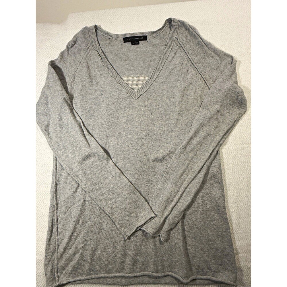 Skull Cashmere Womens S Gray V-Neck Pullover Sweatshirt Skull Logo Stripe